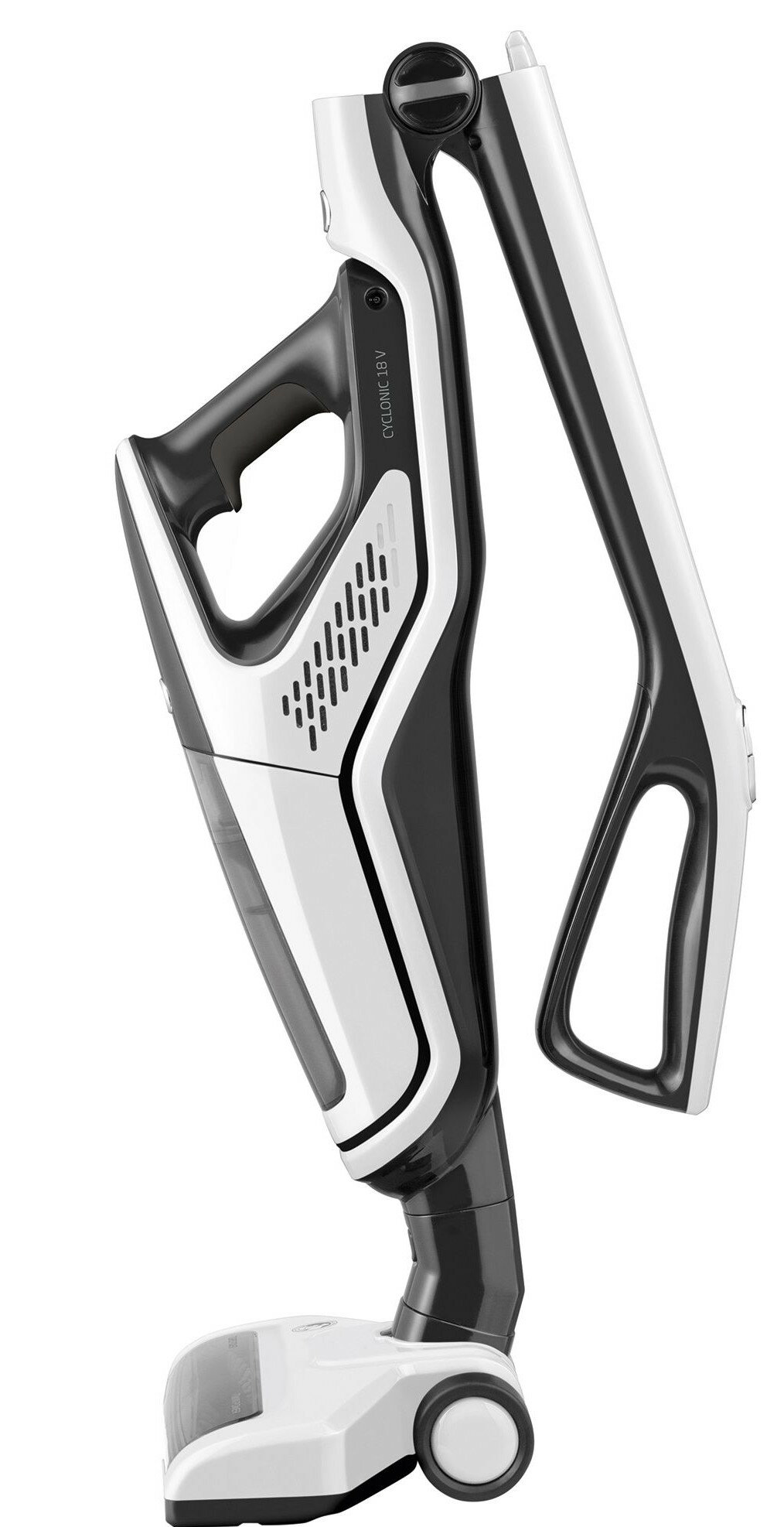 Biały i czarny odkurzacz bezprzewodowy, z wysuniętym uchwytem i głowicą na podłodze.