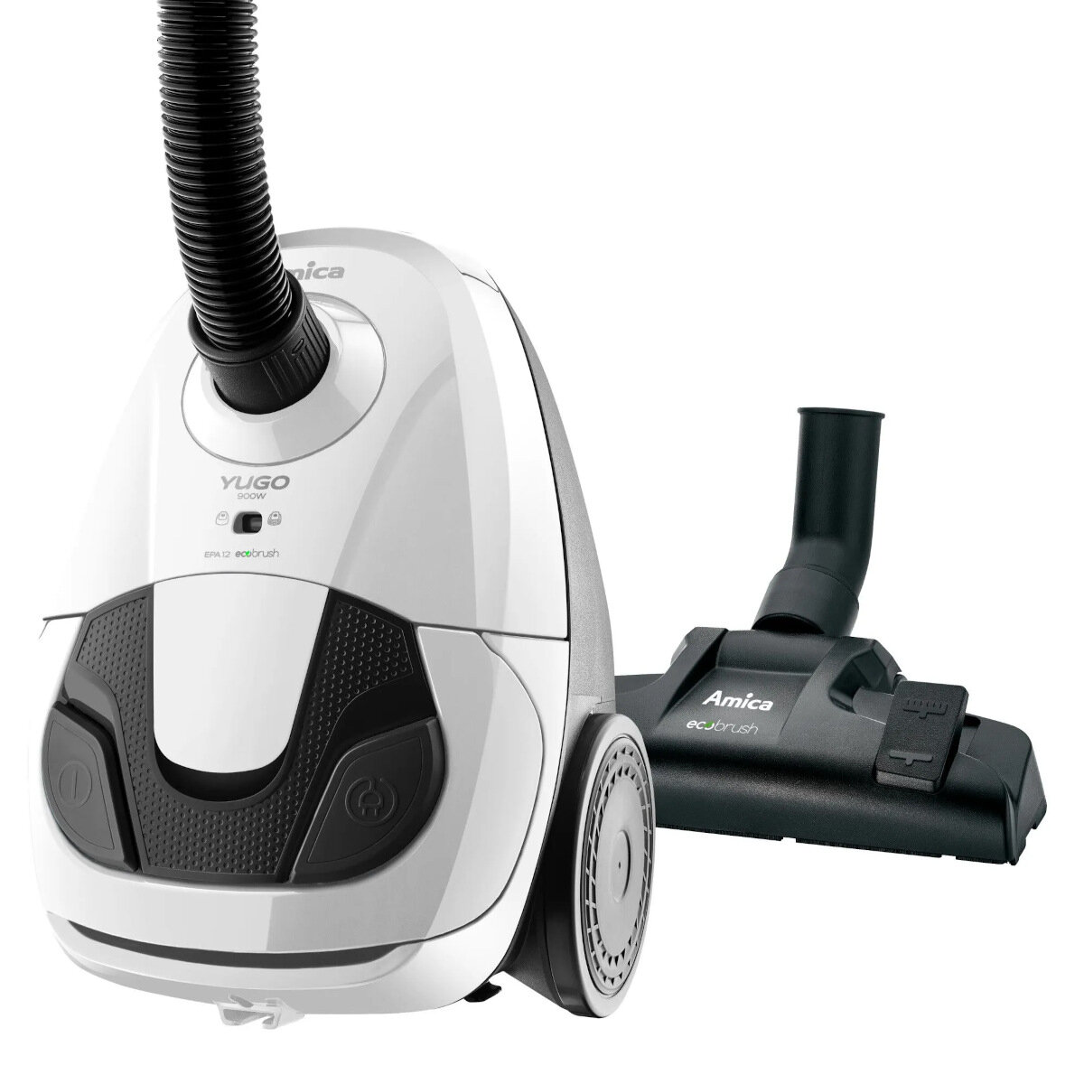 Biały i szary odkurzacz z wężem i dyszą. Widoczna nazwa marki 'Amica'.