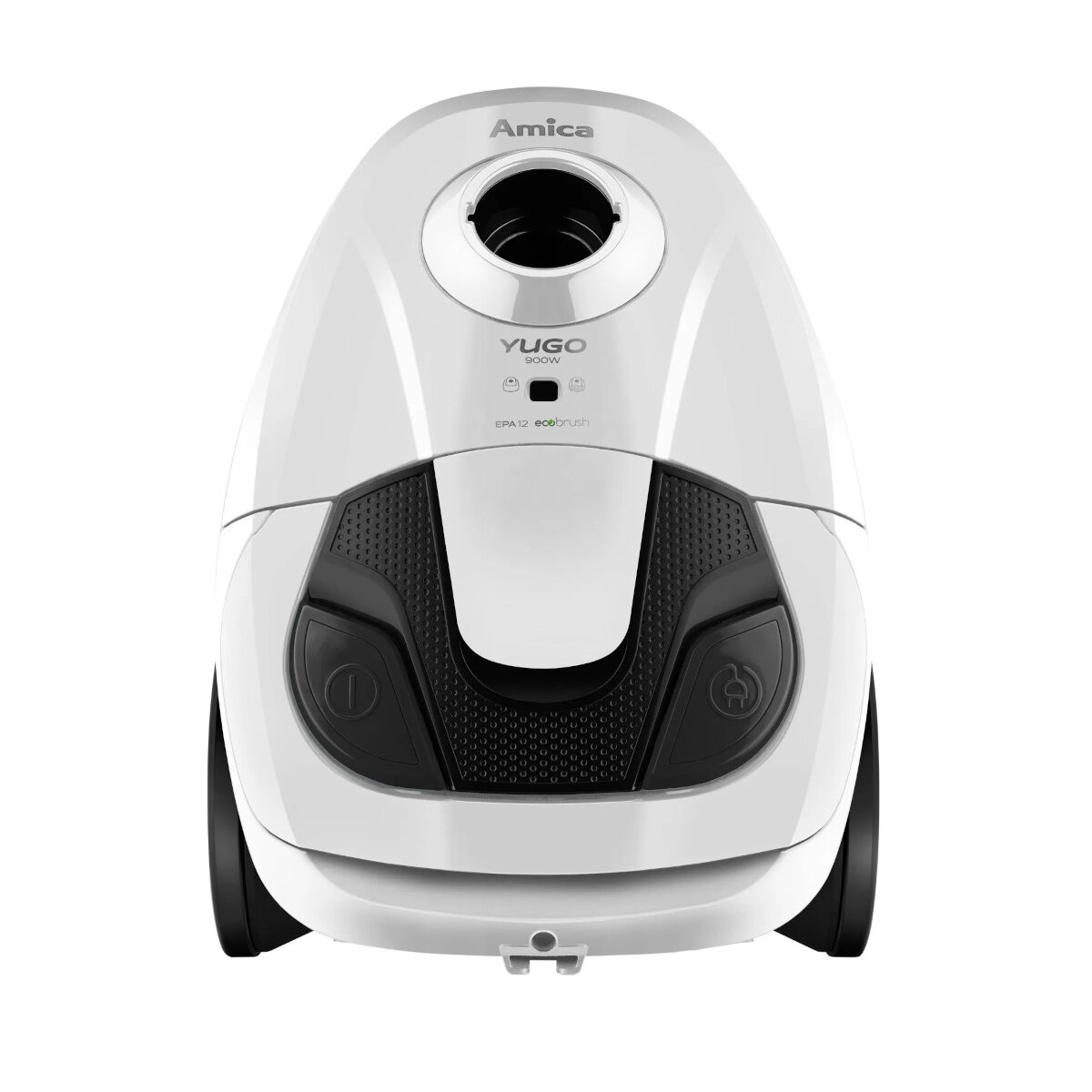Biały odkurzacz Amica. Czarne akcenty z przodu z dwoma przyciskami. Biała powierzchnia.