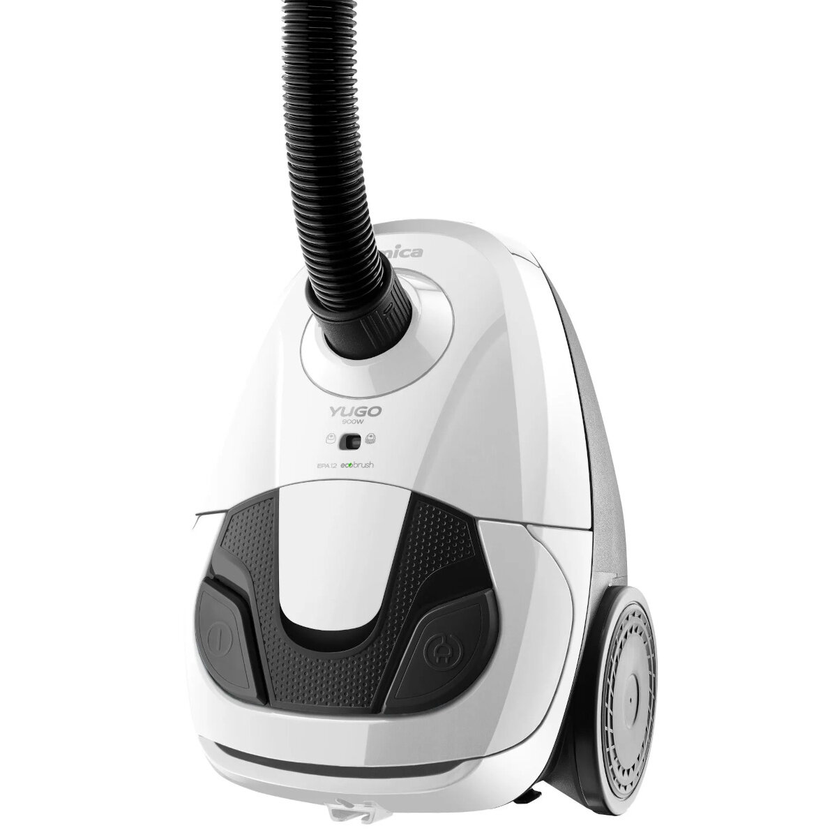 Biały odkurzacz na białym tle, z czarnymi akcentami.