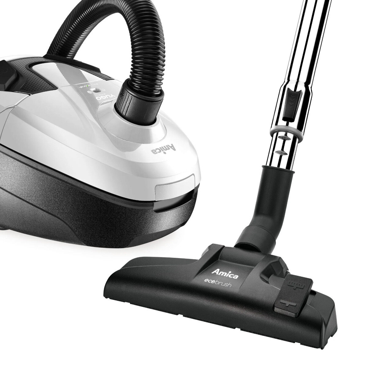 Odkurzacz z wężem i czarno-białym korpusem. Głowica po prawej stronie.