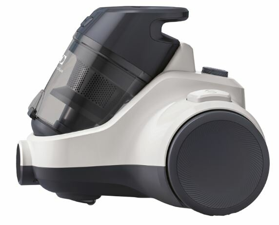 Biały i ciemnoszary odkurzacz, z ciemnoszarym pojemnikiem na kurz.