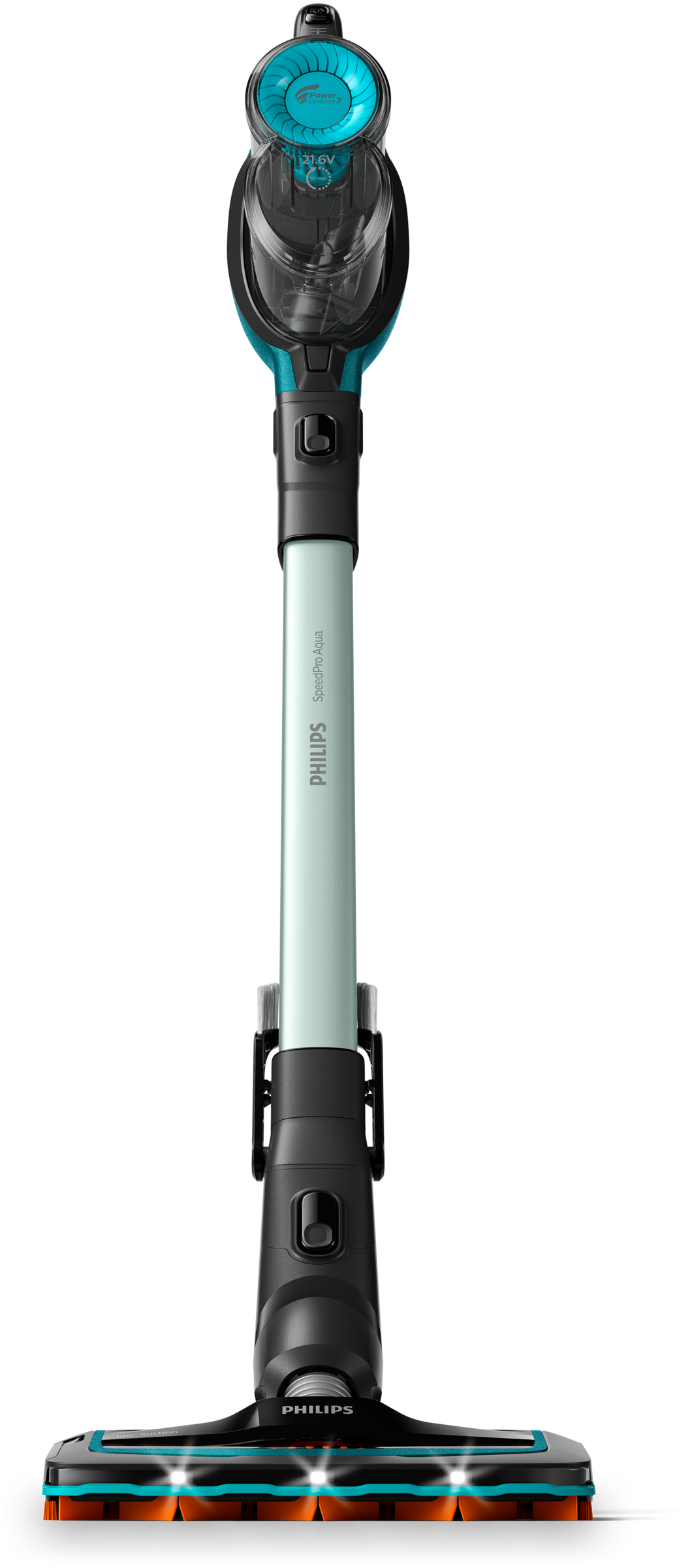 Turkusowy i czarny bezprzewodowy odkurzacz Philips, pionowy. Białe tło.