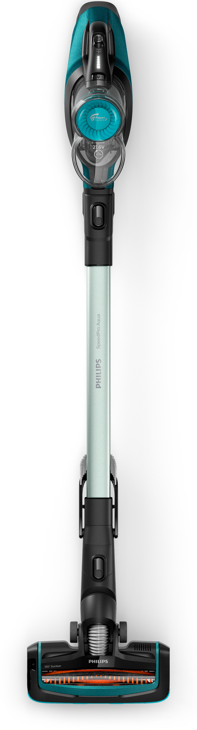 Widok z góry na turkusowy i czarny bezprzewodowy odkurzacz Philips na białym tle.