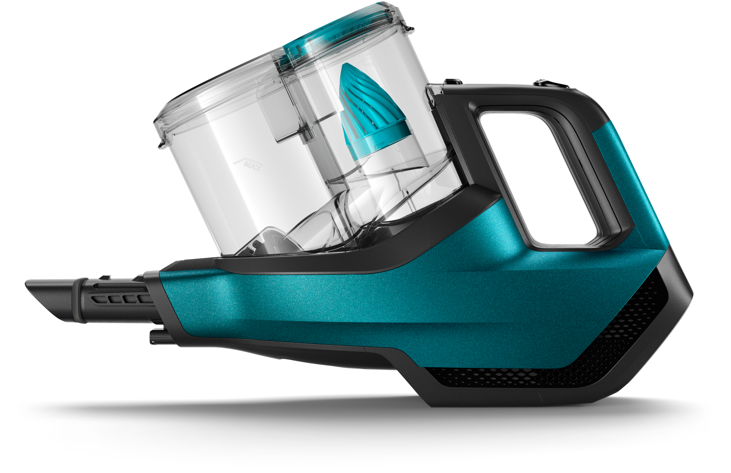Turkusowy odkurzacz bezprzewodowy. Przezroczysty pojemnik na kurz, turkusowy korpus, czarny uchwyt i dysza.