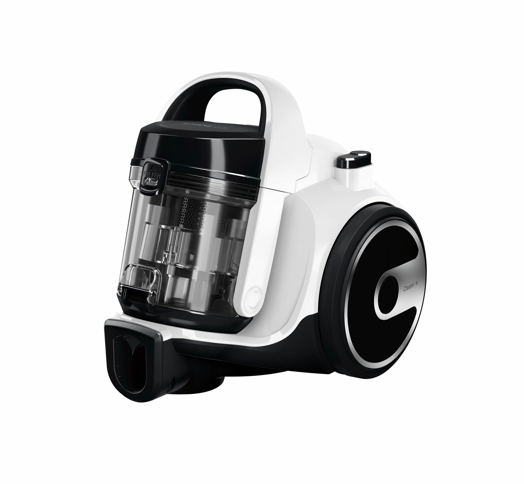 Biało-czarny kompaktowy odkurzacz na białym tle.
