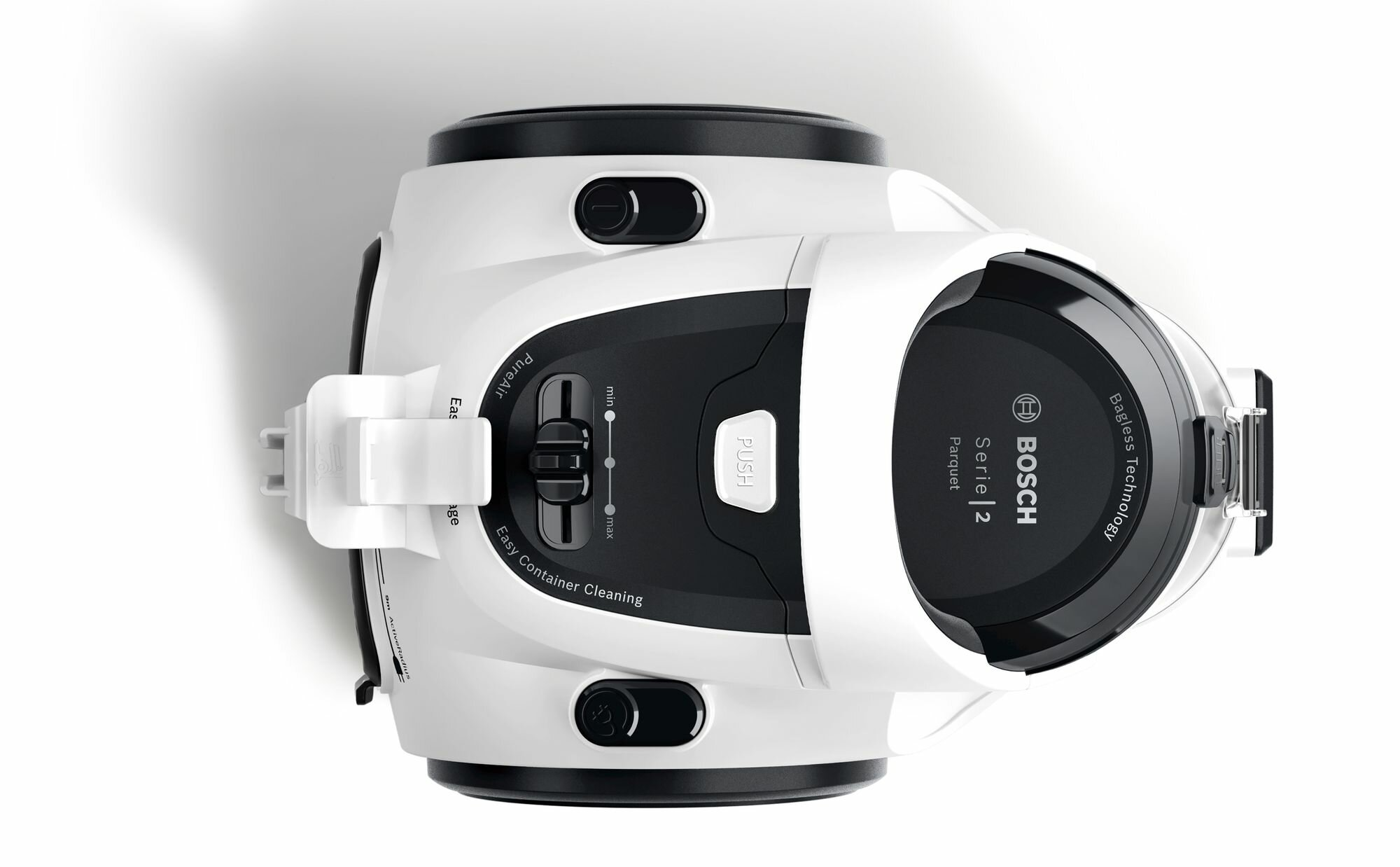 Biało-czarny odkurzacz, widok z góry, z przyciskami i etykietami.