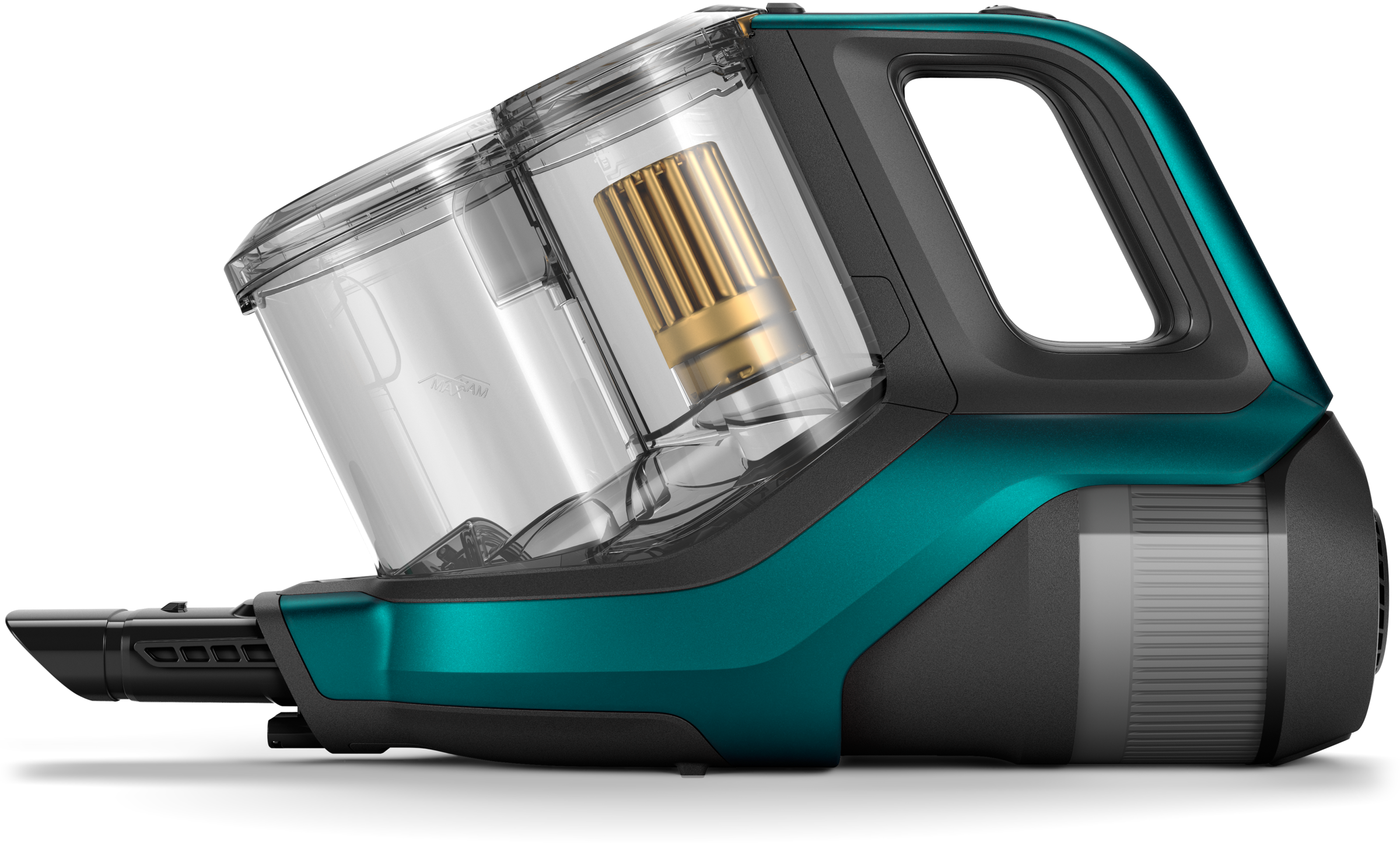 Odkurzacz ręczny. Turkusowy i czarny. Przezroczysty pojemnik na kurz.