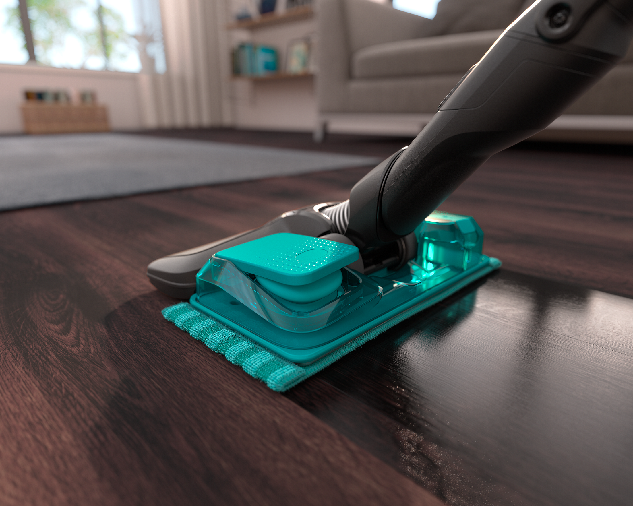 Urządzenie czyszczące myje ciemną drewnianą podłogę. Urządzenie jest czarne i turkusowe.