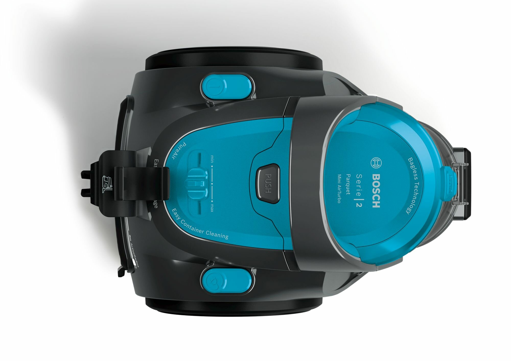 Niebiesko-czarny odkurzacz. Odkurzacz znajduje się na białej powierzchni.