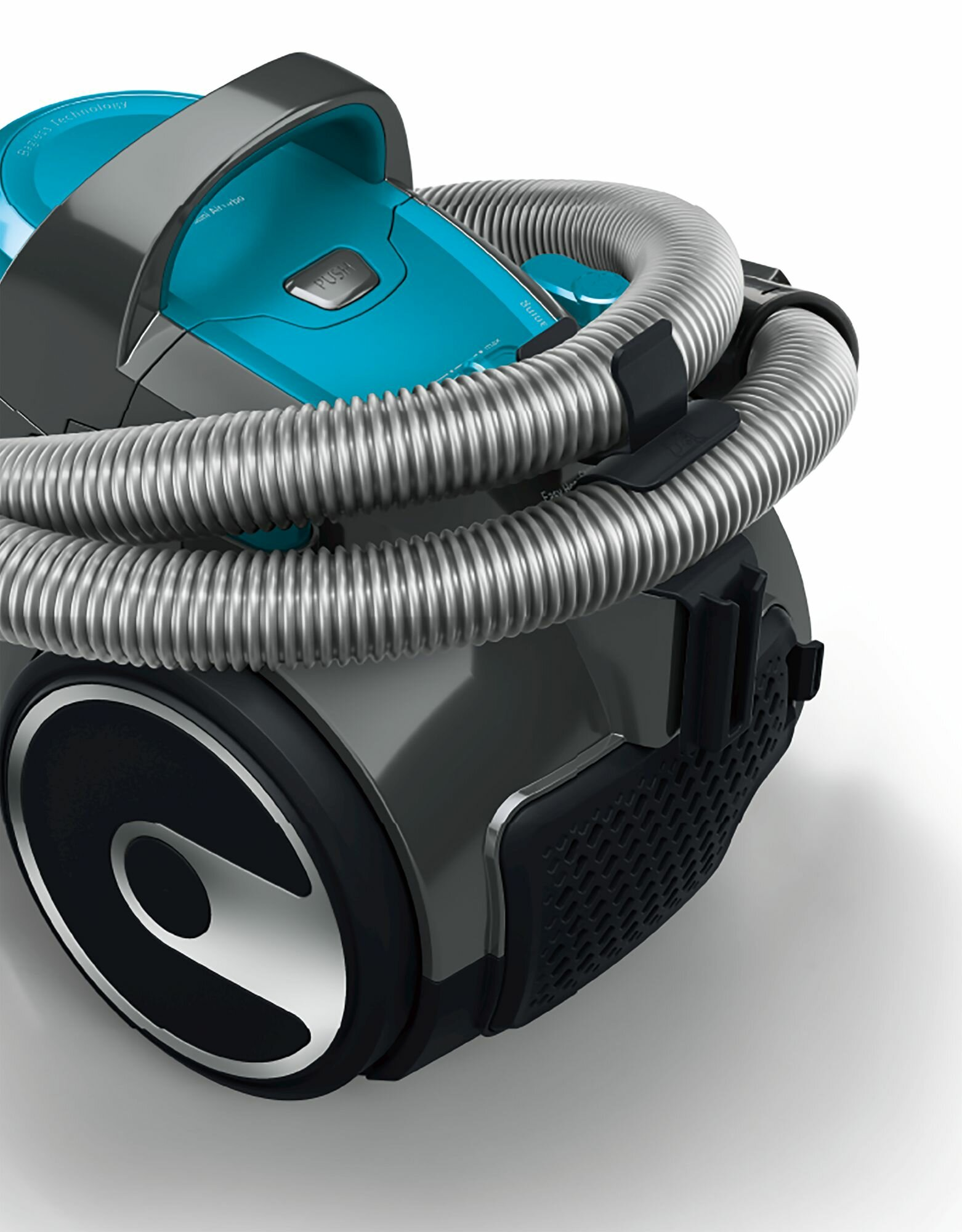 Odkurzacz z niebieskim blatem i szarym korpusem. Wąż jest owinięty wokół korpusu.