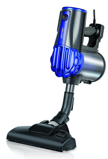 Odkurzacz bezprzewodowy z niebieskim obszarem turbiny i czarno-szarym korpusem.