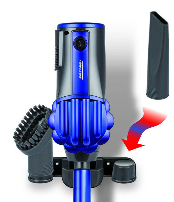 Niebiesko-szary odkurzacz bezprzewodowy MPM z akcesoriami na uchwycie ściennym.