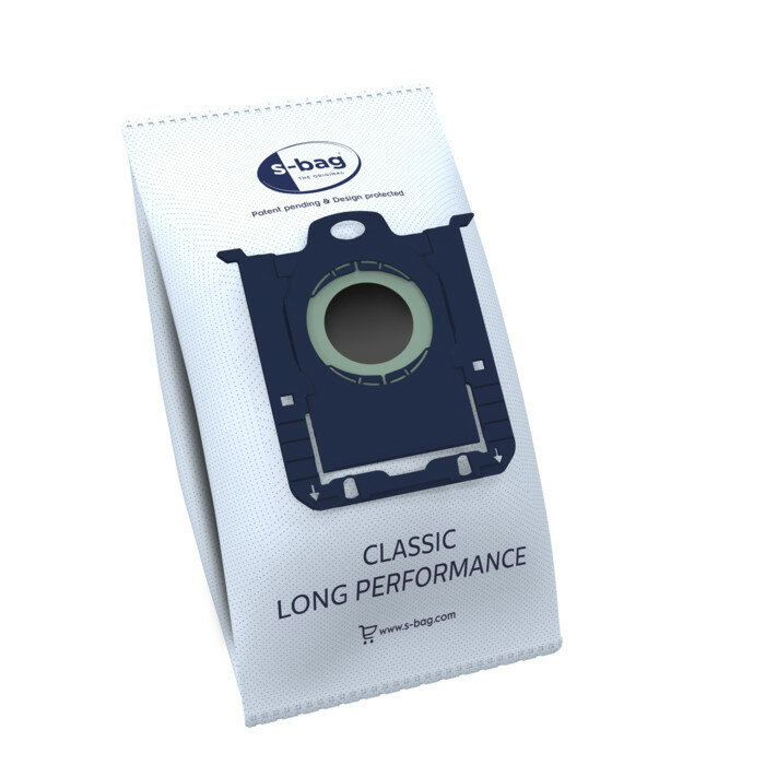 Worek do odkurzacza w kolorze białym, z niebieskim obrysem na białym tle. Tekst na worku jest czarny i niebieski.