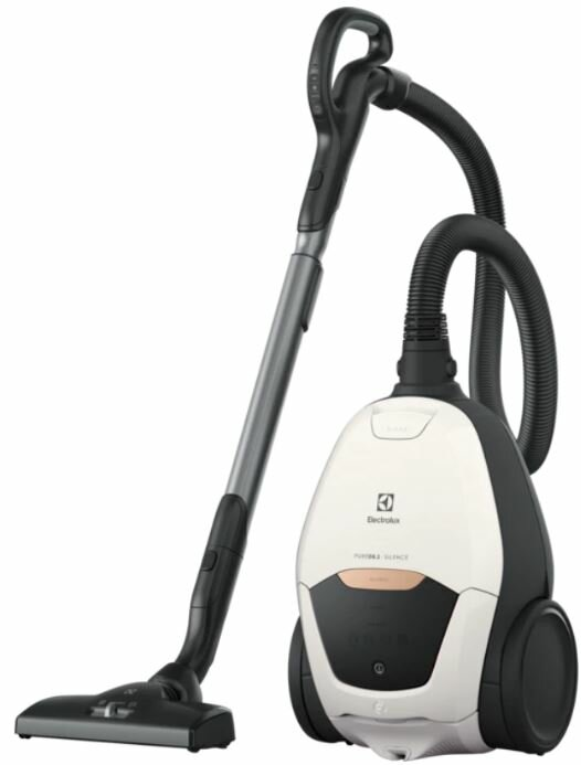 Odkurzacz z długim uchwytem i wężem, w białym i czarnym wzornictwie.