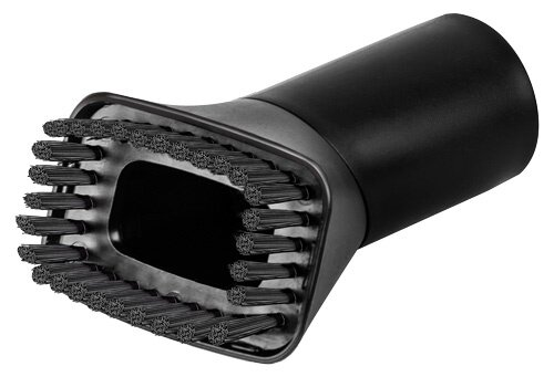 Czarna głowica szczotki do odkurzacza z włosiem. To szeroka, prostokątna nasadka.