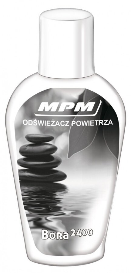 Butelka odświeżacza powietrza ze zdjęciem kamieni zen i wody. Biała nakrętka i etykieta.