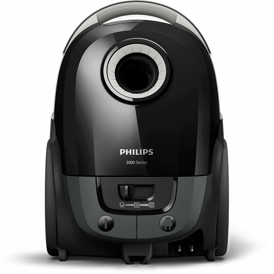 Czarny odkurzacz Philips. Przód posiada logo Philips i przyciski sterowania. Szara podstawa.
