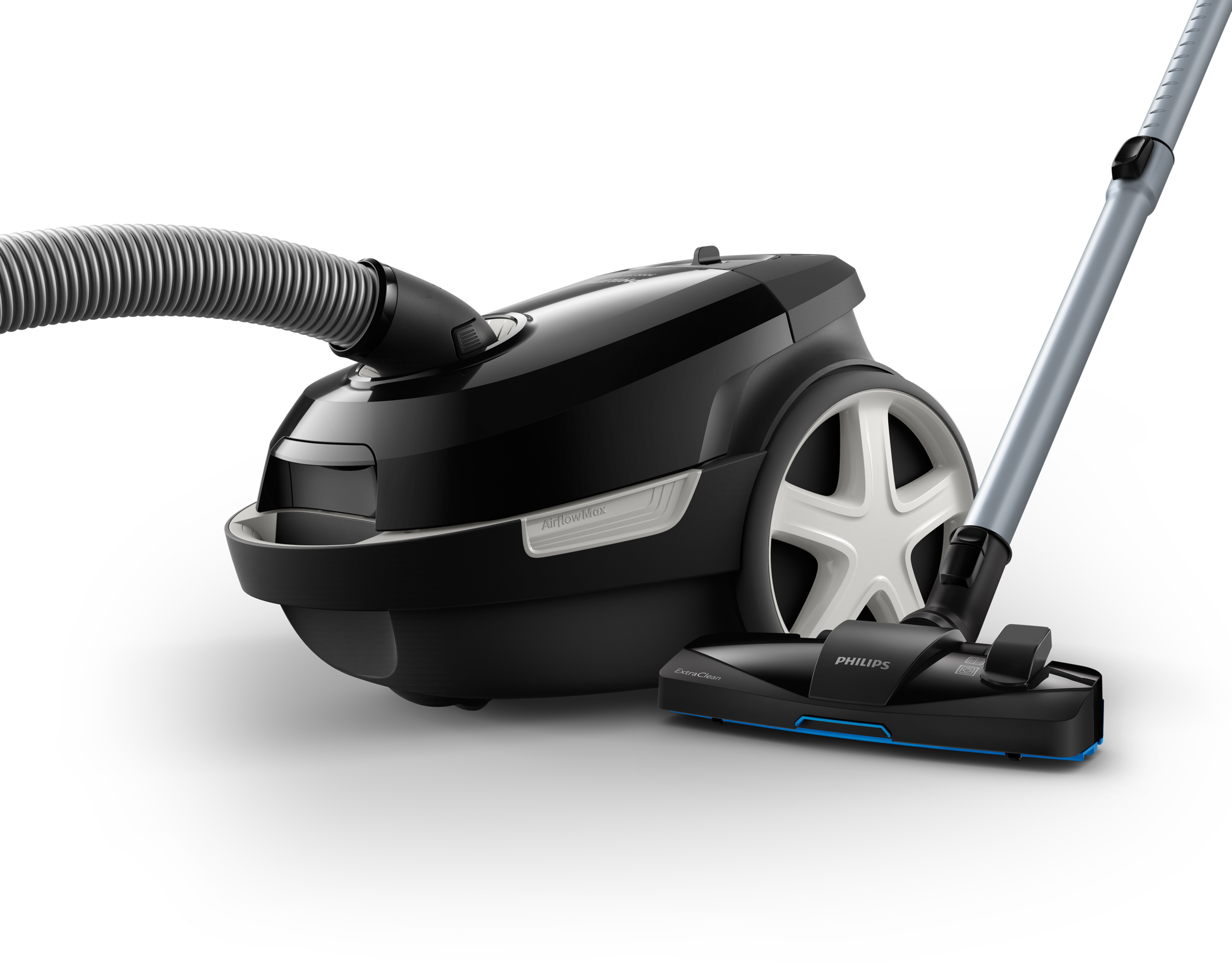 Czarny odkurzacz ze srebrną rurą. Posiada uchwyt, kółka i logo Philips.