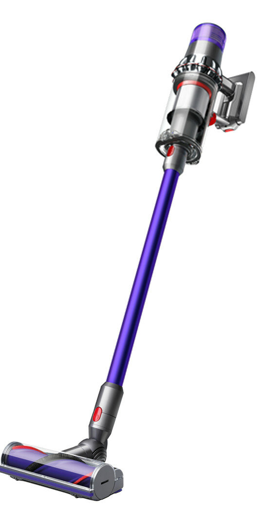 Fioletowy i srebrny bezprzewodowy odkurzacz Dyson na białym tle.