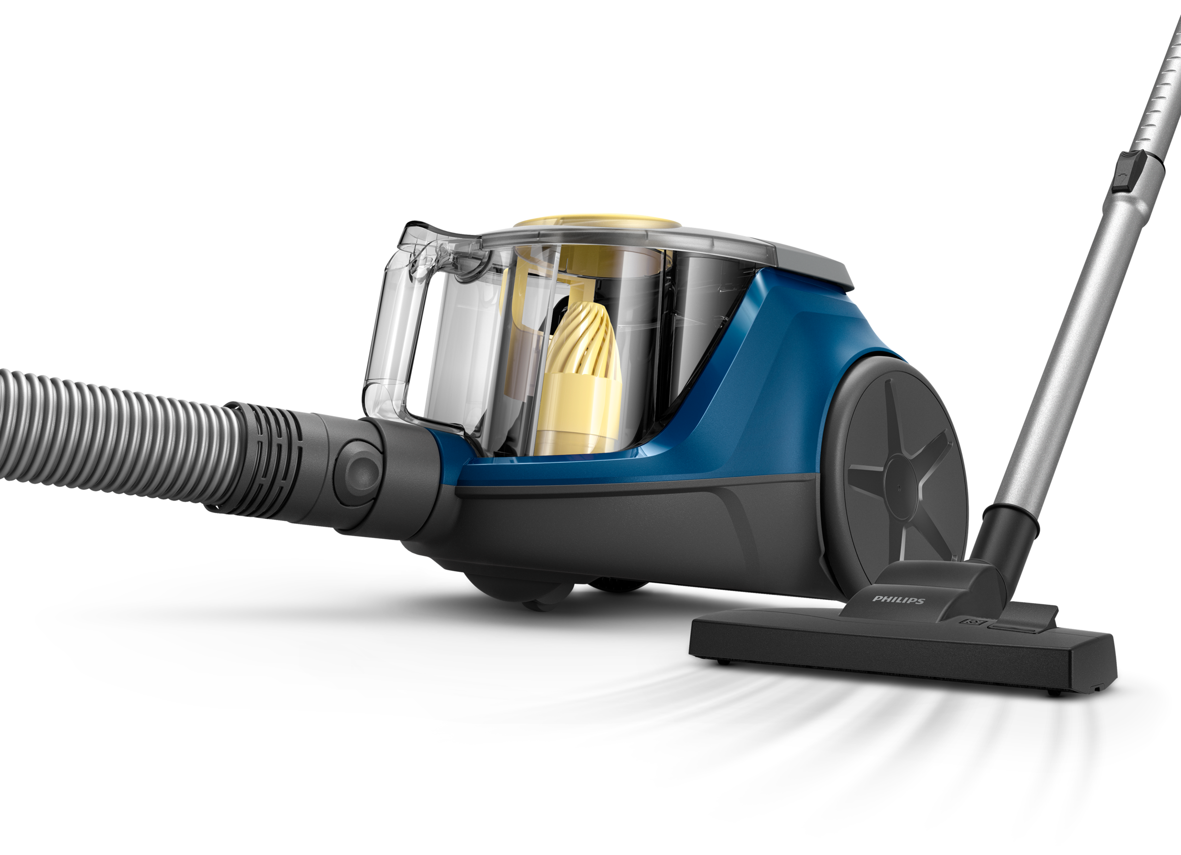 Niebiesko-szary odkurzacz z przezroczystym pojemnikiem na kurz, wężem i dyszą.