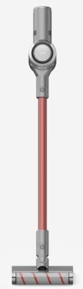 Czerwony i srebrny odkurzacz bezprzewodowy. Stoi na białym tle.