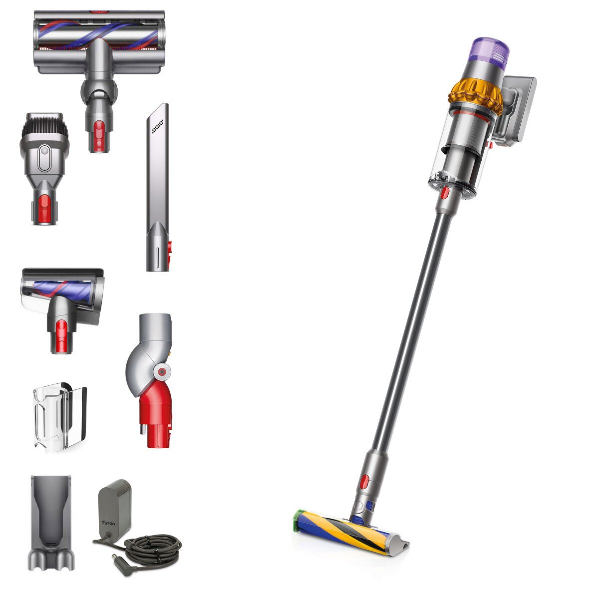 Odkurzacz bezprzewodowy Dyson i akcesoria. Odkurzacz jest srebrny i fioletowy. Białe tło.