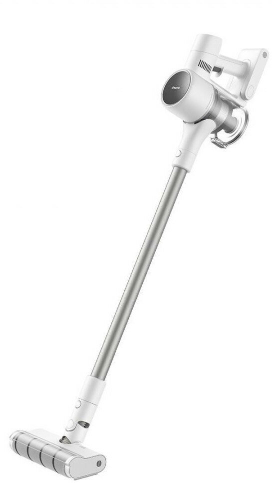 Biały odkurzacz bezprzewodowy. Posiada długą rurę i głowicę czyszczącą.