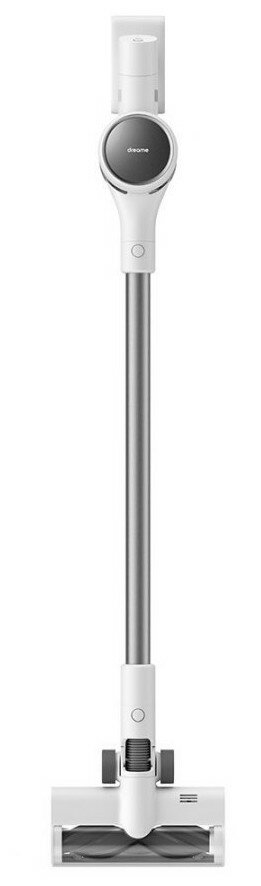 Biały odkurzacz bezprzewodowy na białym tle. Jest pionowy i ma długi uchwyt.