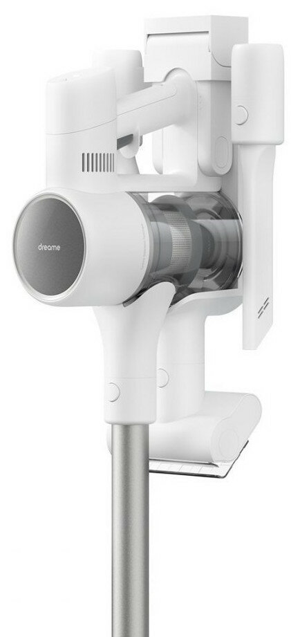Biały odkurzacz bezprzewodowy. Widoczna nazwa marki Dreame. Srebrny drążek.