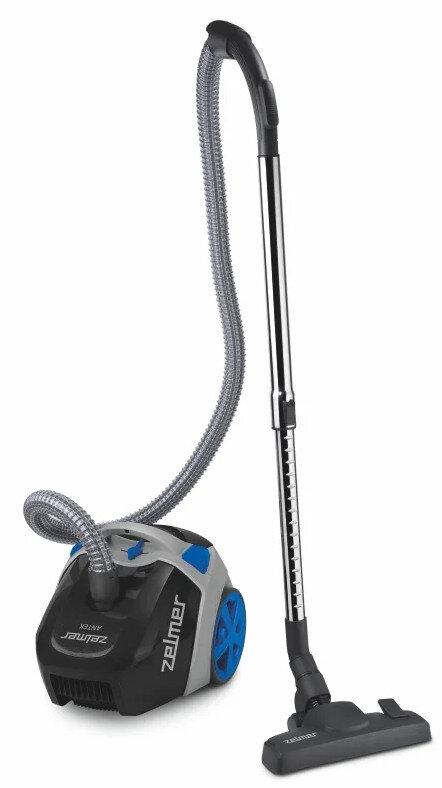 Odkurzacz z czarnym i niebieskim korpusem i długim uchwytem.