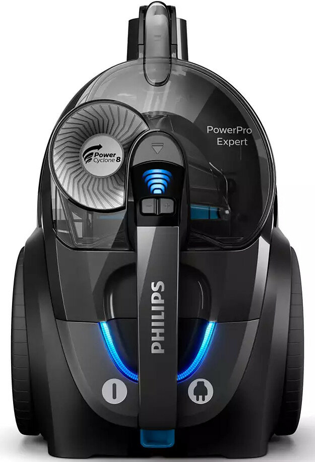 Czarny odkurzacz Philips PowerPro Expert. Posiada przezroczysty pojemnik na kurz i niebieskie akcenty.