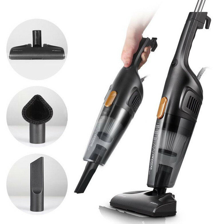 Czarny odkurzacz i akcesoria. Ręka trzyma odkurzacz. Pokazano trzy akcesoria.