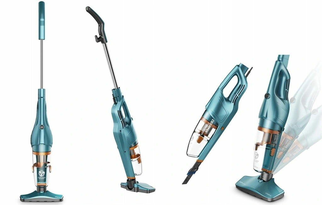 Turkusowy odkurzacz pionowy, pokazany z wielu perspektyw, podkreślający jego design i funkcje.