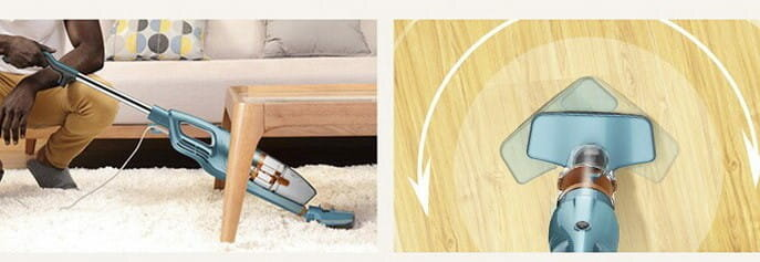 Osoba odkurza dywan. Głowica odkurzacza obraca się. Scena przedstawia salon.