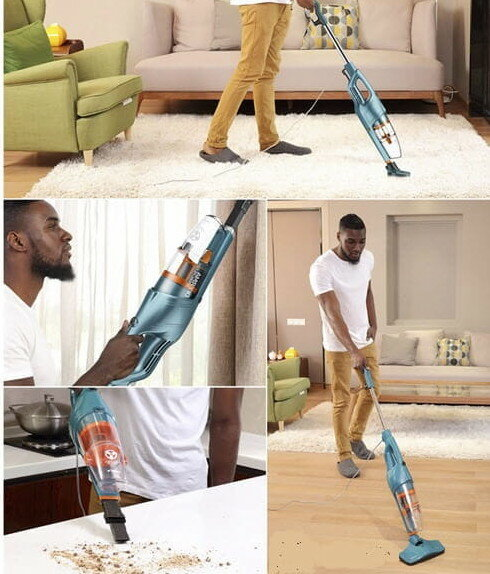 Mężczyzna odkurzający dywan turkusowo-pomarańczowym odkurzaczem.