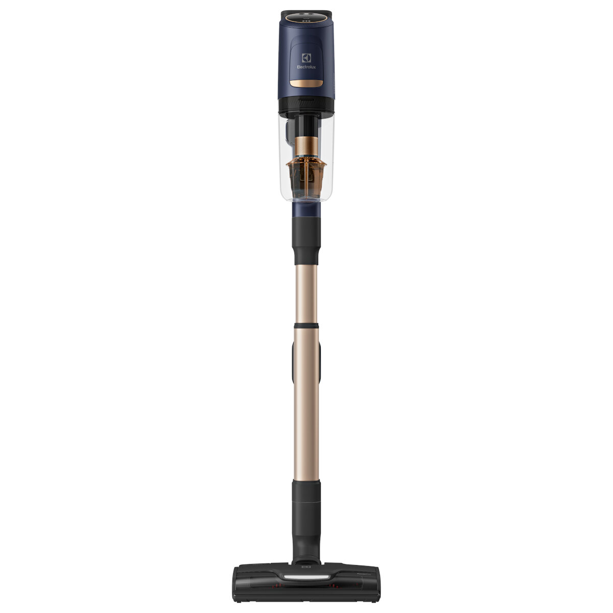 Elegancki, bezprzewodowy, ciemnoniebieski odkurzacz ze złotą rurą.