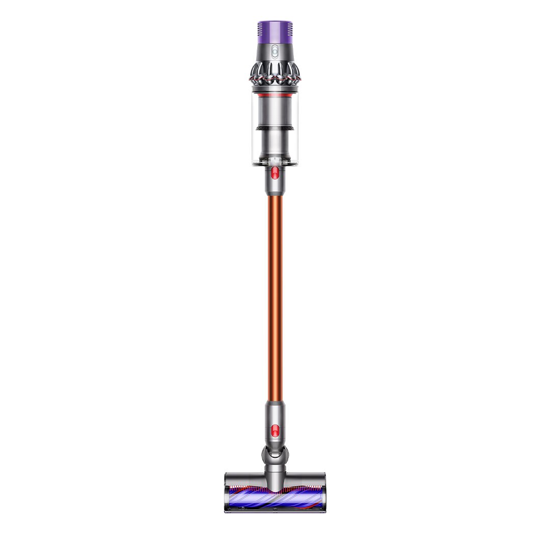 Bezprzewodowy odkurzacz Dyson, pomarańczowy i srebrny, na białym tle.