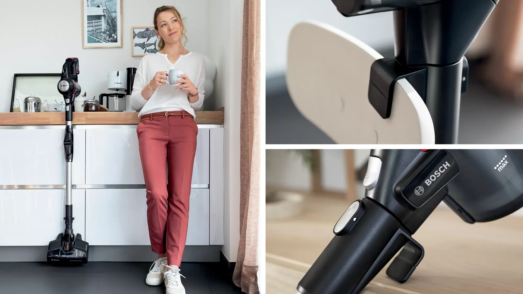 Kobieta w kuchni, obok odkurzacza. Pokazano szczegóły odkurzacza i jego części z bliska.