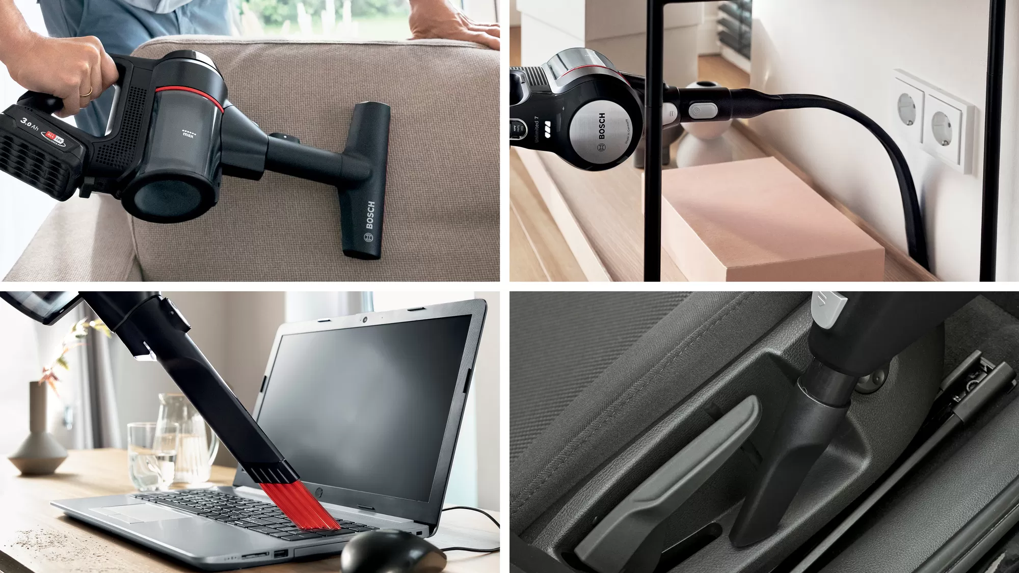 Wiele zdjęć pokazujących użycie odkurzacza Bosch do różnych zadań czyszczenia.