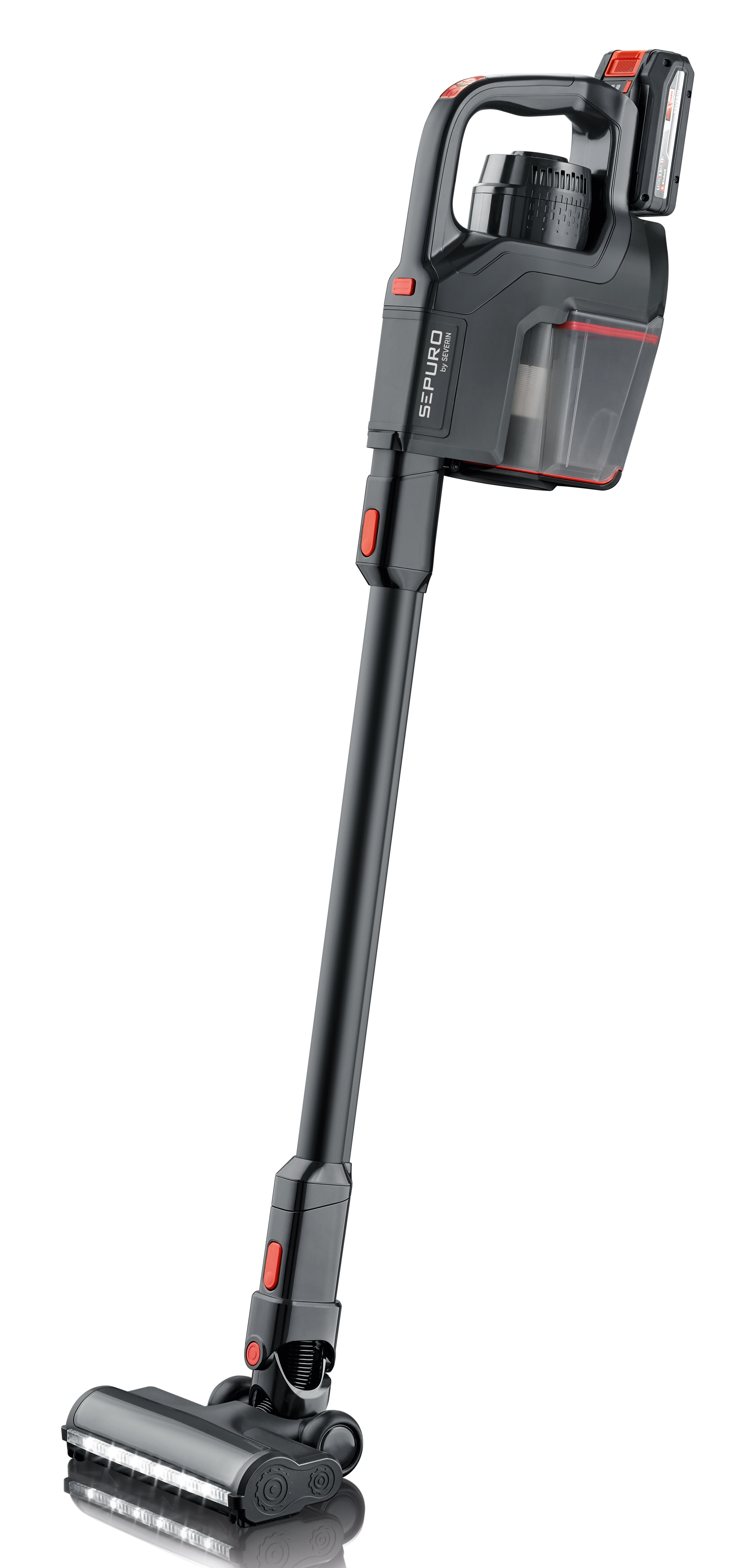 Czarny i szary odkurzacz bezprzewodowy na białym tle. Czerwone akcenty. Widok pod kątem.