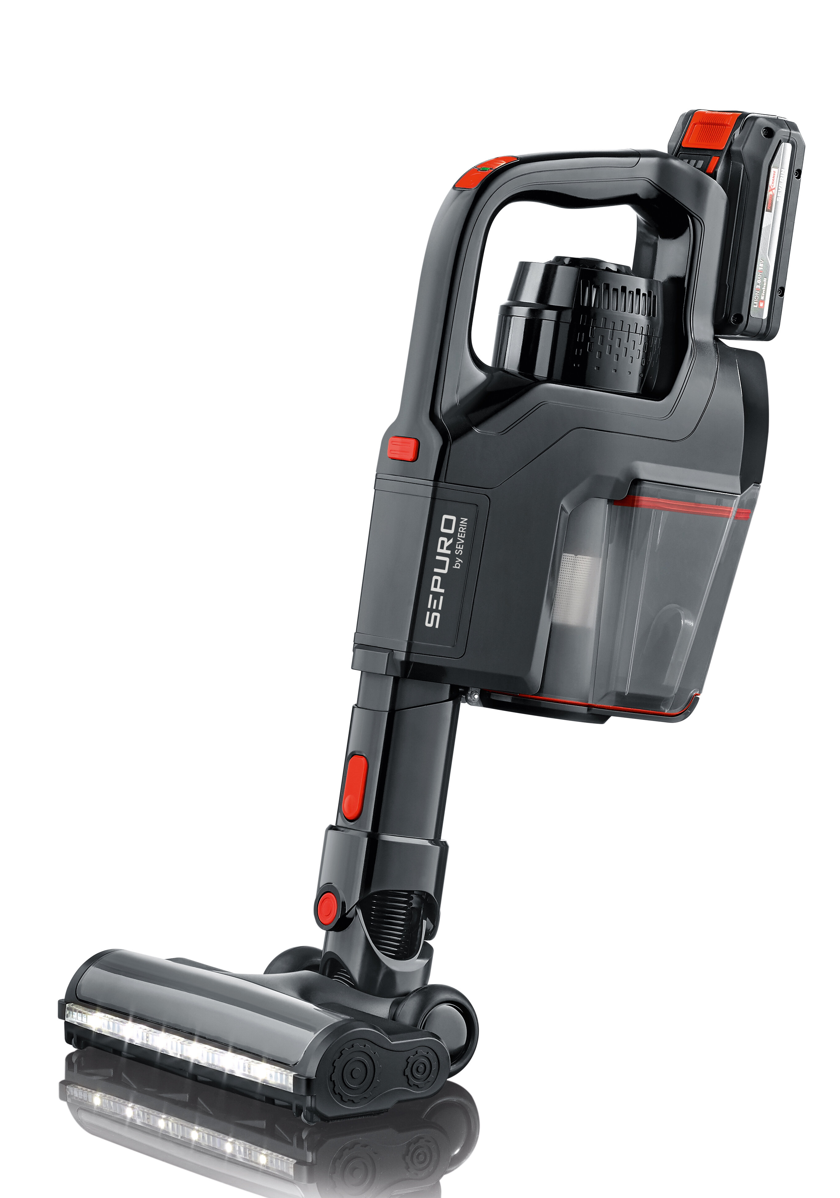 Czarno-czerwony odkurzacz bezprzewodowy na białym tle z baterią.