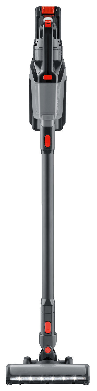 Odkurzacz bezprzewodowy, szary i czarny, stojący pionowo, z czerwonymi akcentami.