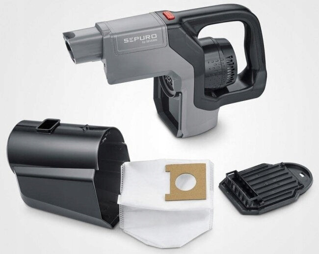 Części szarego i czarnego odkurzacza Sepuro. Zawiera pojemnik na kurz, filtr i worek.