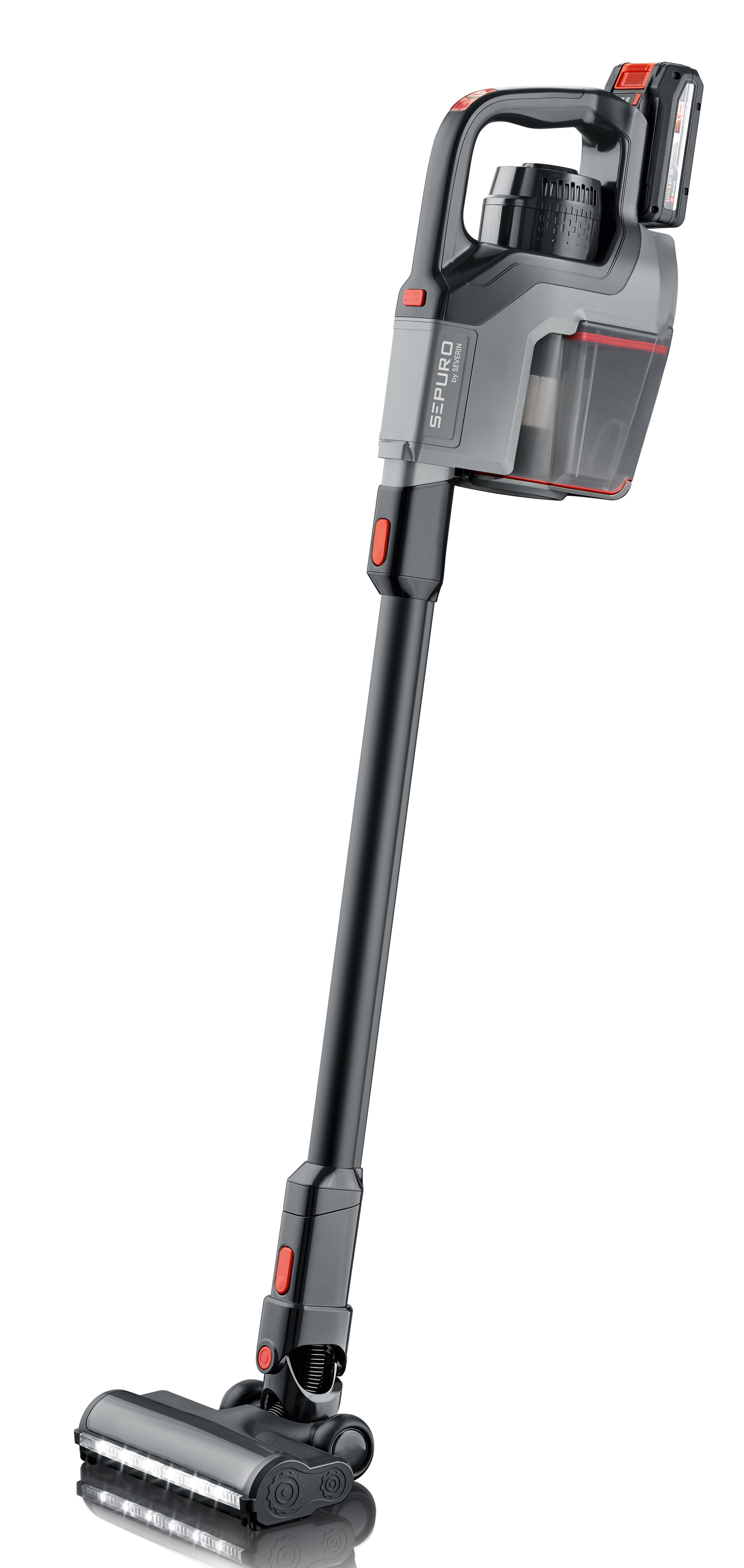 Czarno-szary odkurzacz z długą rączką. Odkurzacz na białym tle.