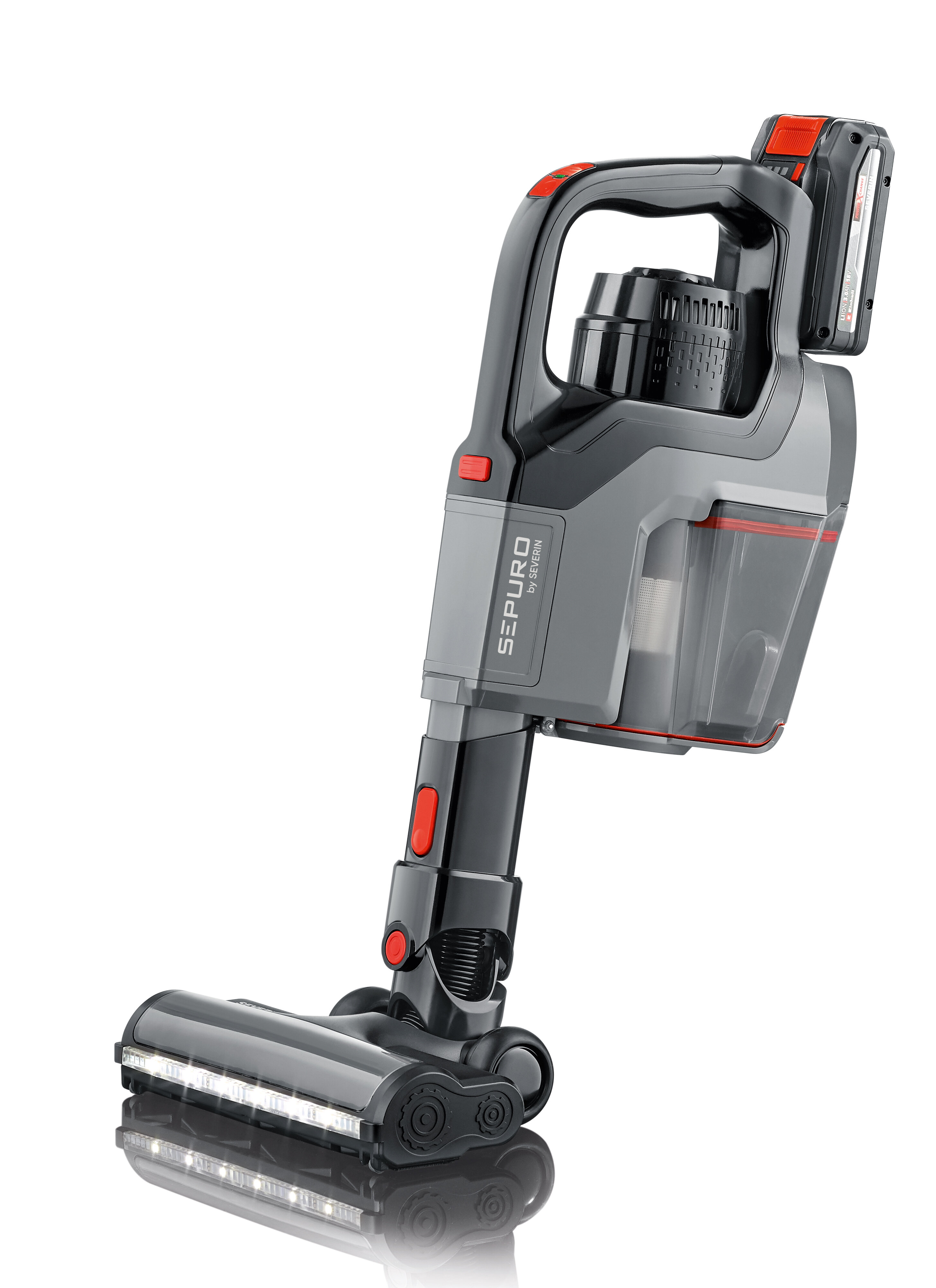 Czarny i szary odkurzacz bezprzewodowy z czerwonymi akcentami na białym tle.