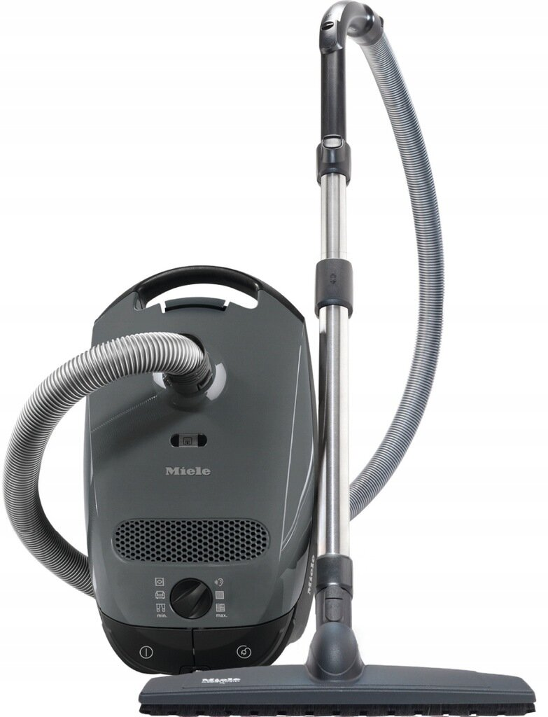 Szary odkurzacz Miele z wężem i akcesoriami. Jest na białym tle.