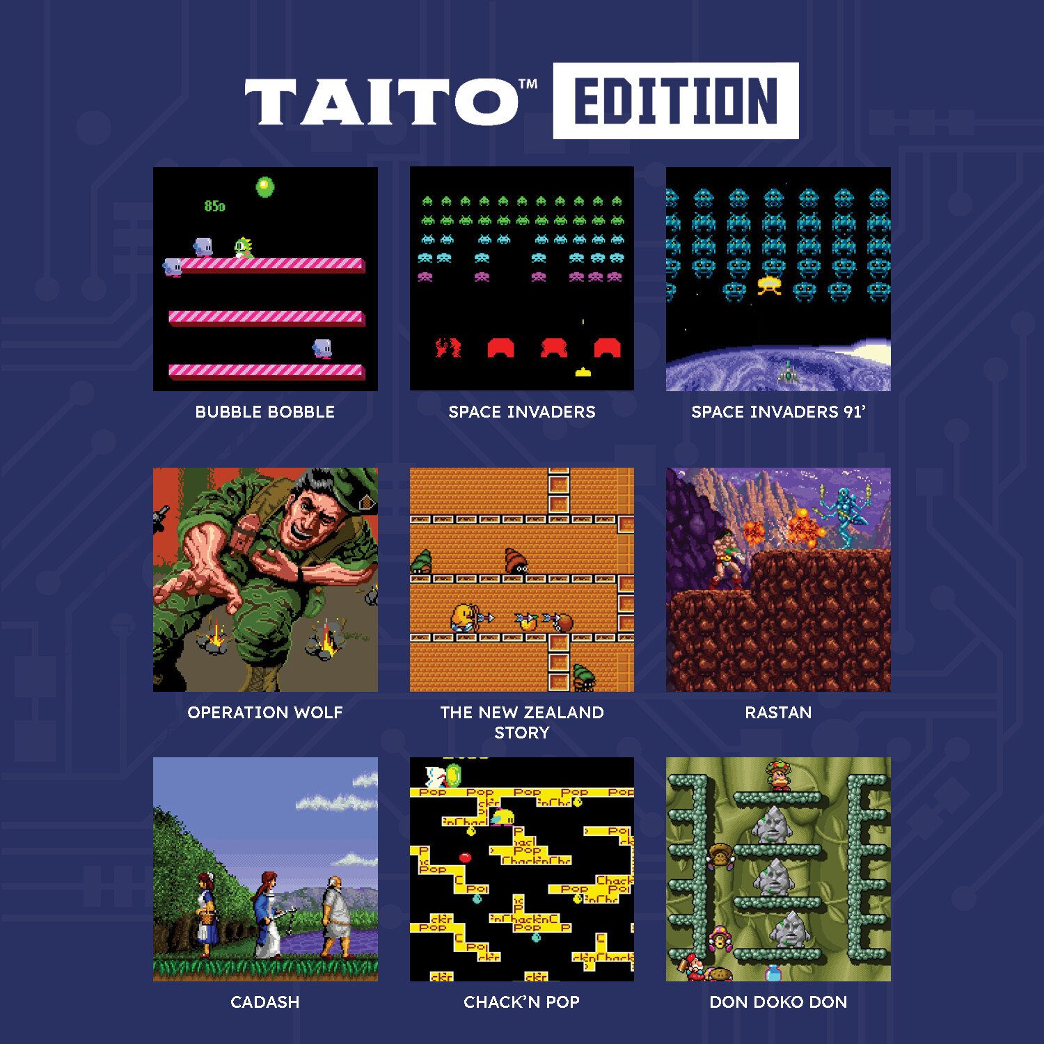 Ułożono dziewięć zrzutów ekranu z gier wideo retro, z tytułami takimi jak Bubble Bobble i Space Invaders.