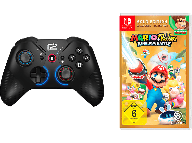 READY 2 GAMING Mario & Rabbids Kingdom Battle (Gold) + Pro Pad X Controller Schwarz für Nintendo Switch, PC, Android