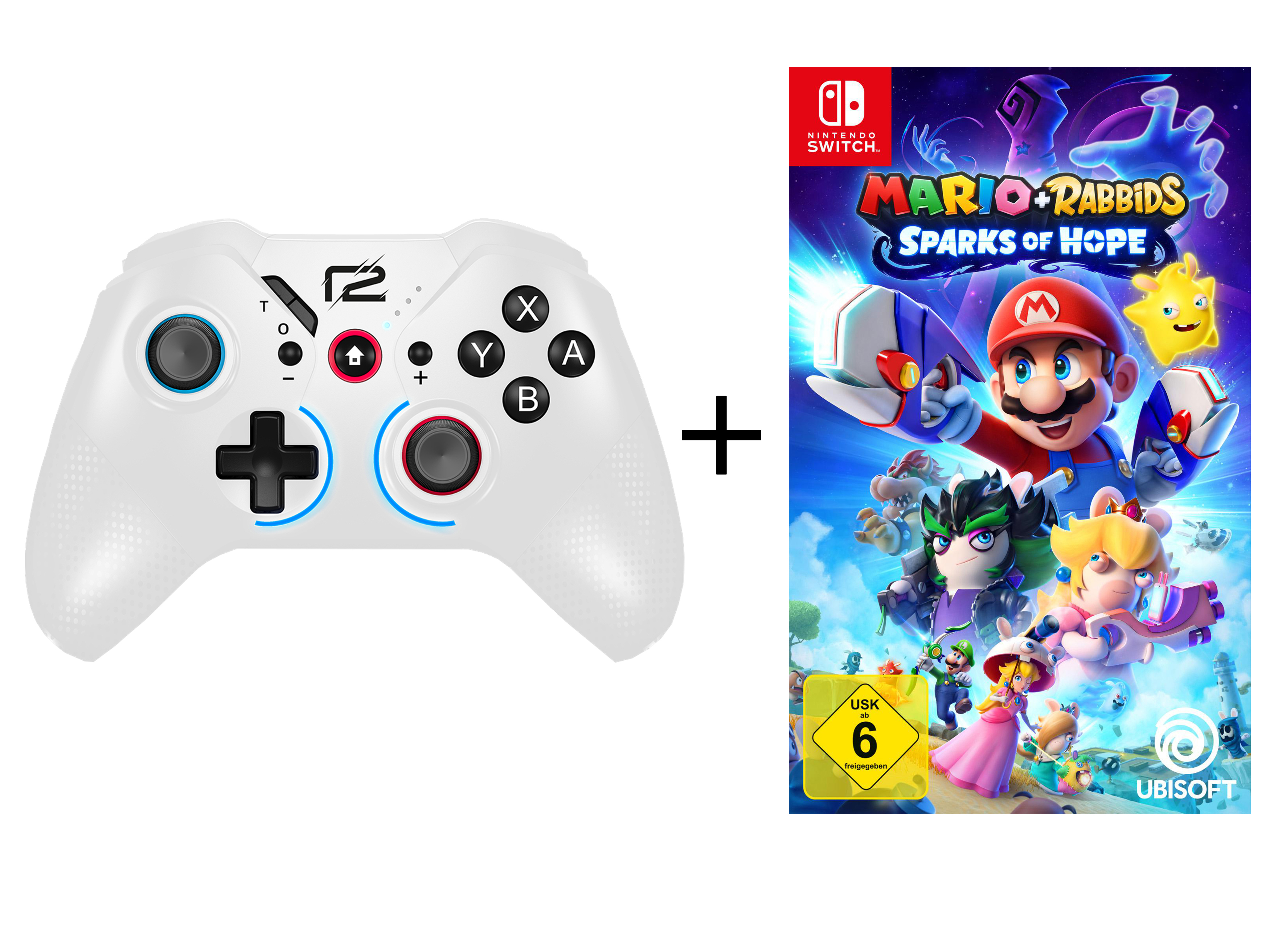 Weißer Gamecontroller mit schwarzem Pluszeichen, Spielcover: Mario, Rabbids, 'Sparks of Hope'.